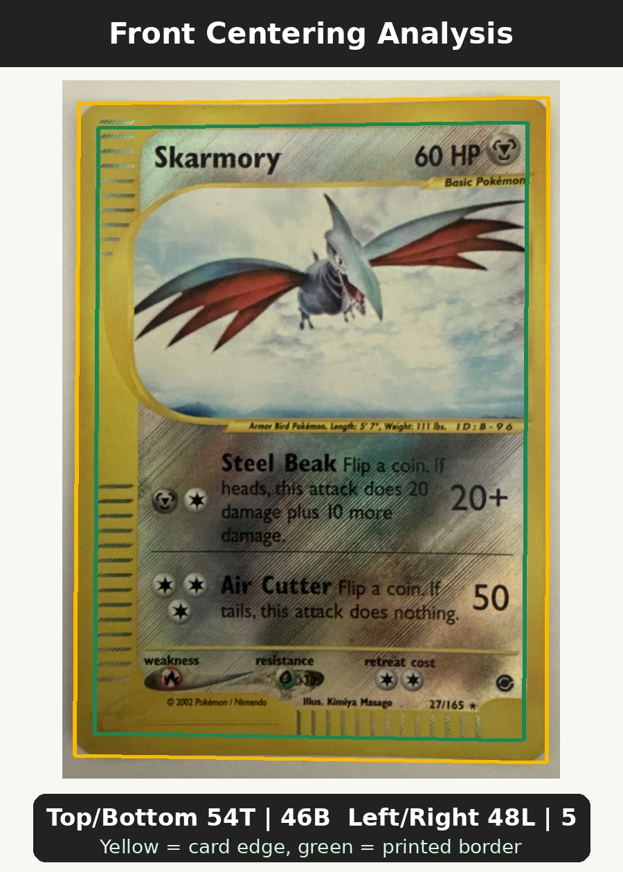 Skarmory 027/165 (Reverse Holo) Expedition Base Set front centering analysis showing Top/Bottom 54T | 46B and Left/Right 48L | 52R.