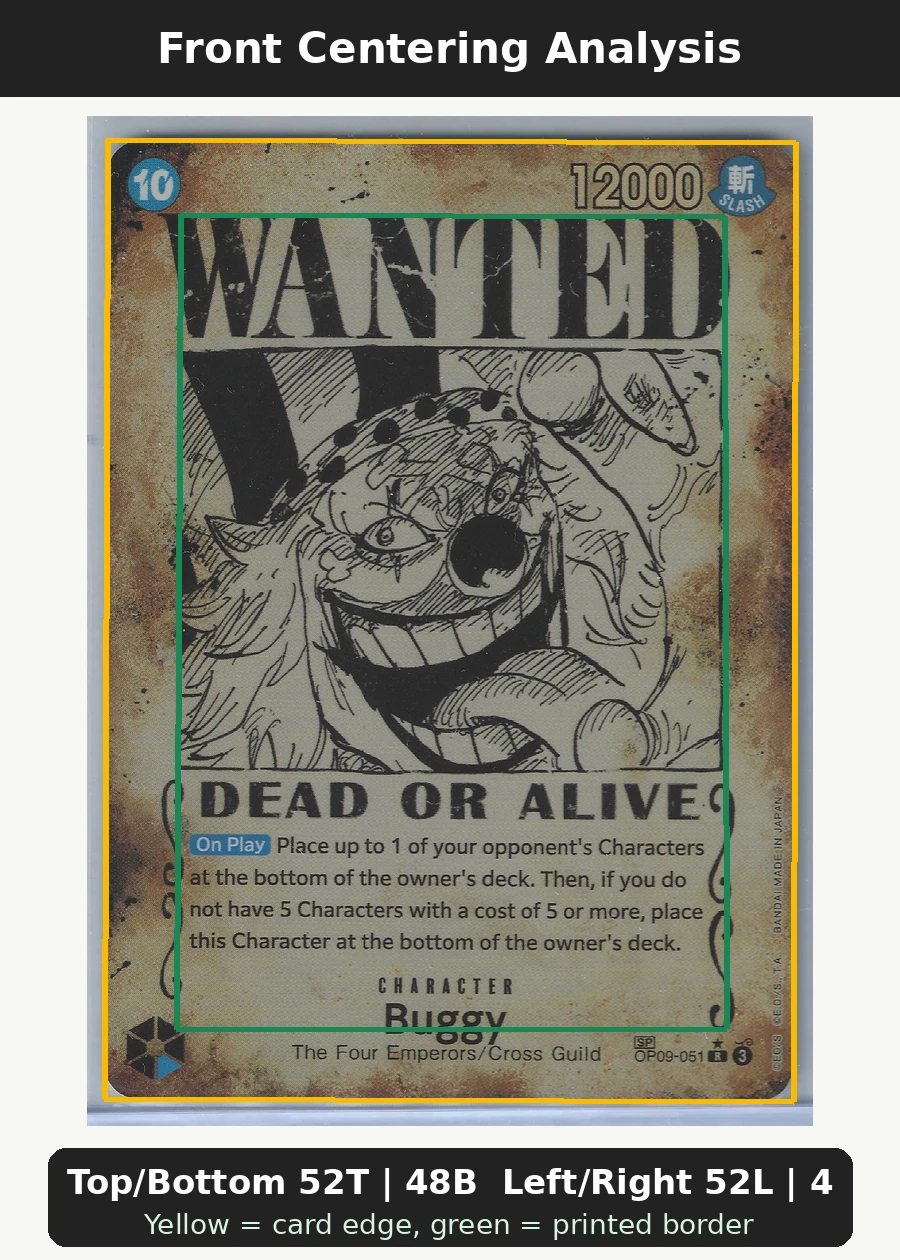 Buggy OP09-051 - Wanted One Piece Promotion Cards front centering analysis showing Top/Bottom 52T | 48B and Left/Right 52L | 48R.