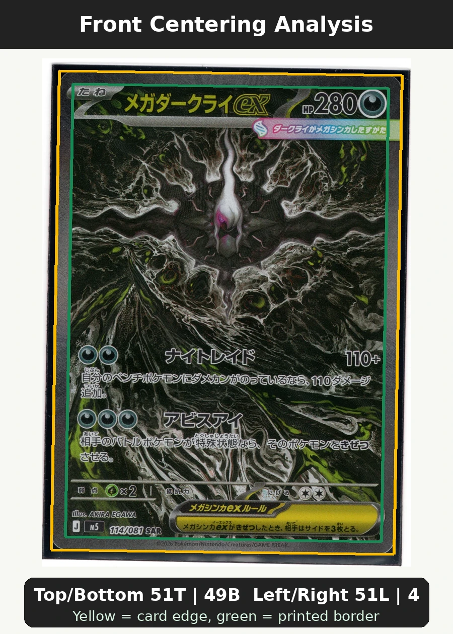 Mega Darkrai ex 114/81 Abyss Eye front centering analysis showing Top/Bottom 51T | 49B and Left/Right 51L | 49R.
