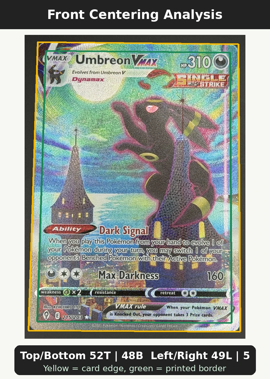 Umbreon VMAX 215/203 Evolving Skies front centering analysis showing Top/Bottom 52T | 48B and Left/Right 49L | 51R.