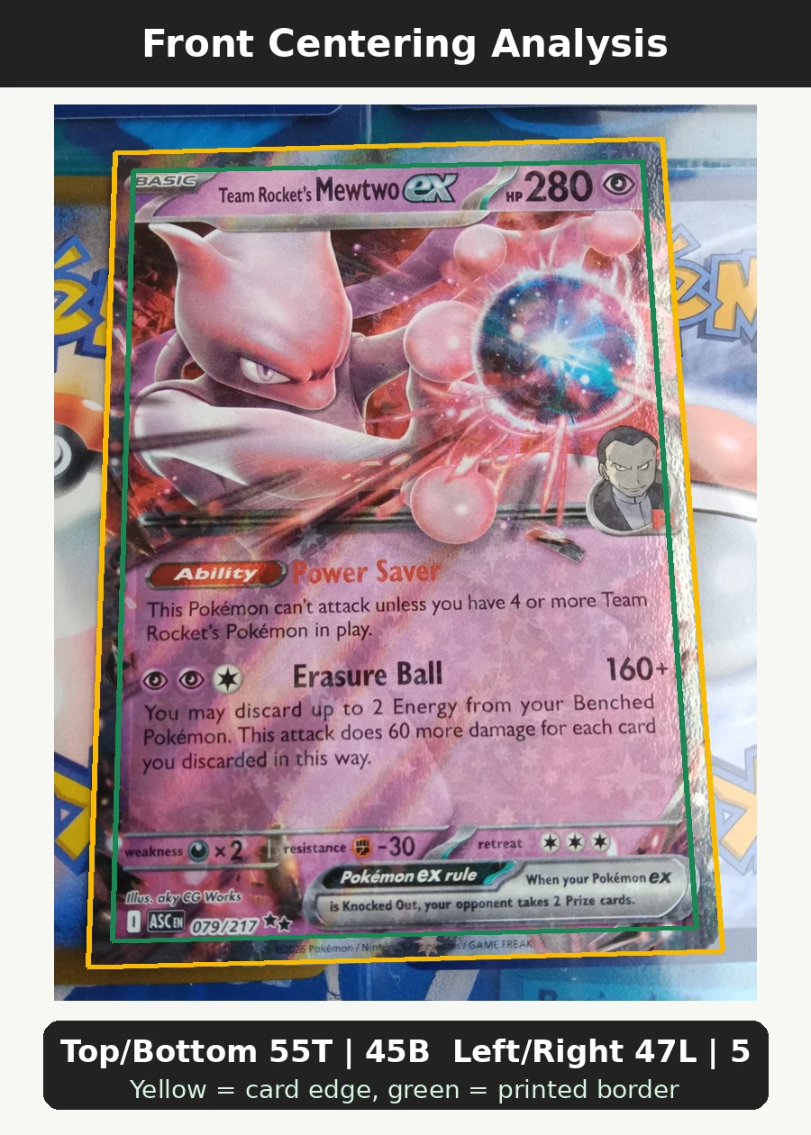 Team Rocket's Mewtwo ex 079/217 Ascended Heroes front centering analysis showing Top/Bottom 55T | 45B and Left/Right 47L | 53R.