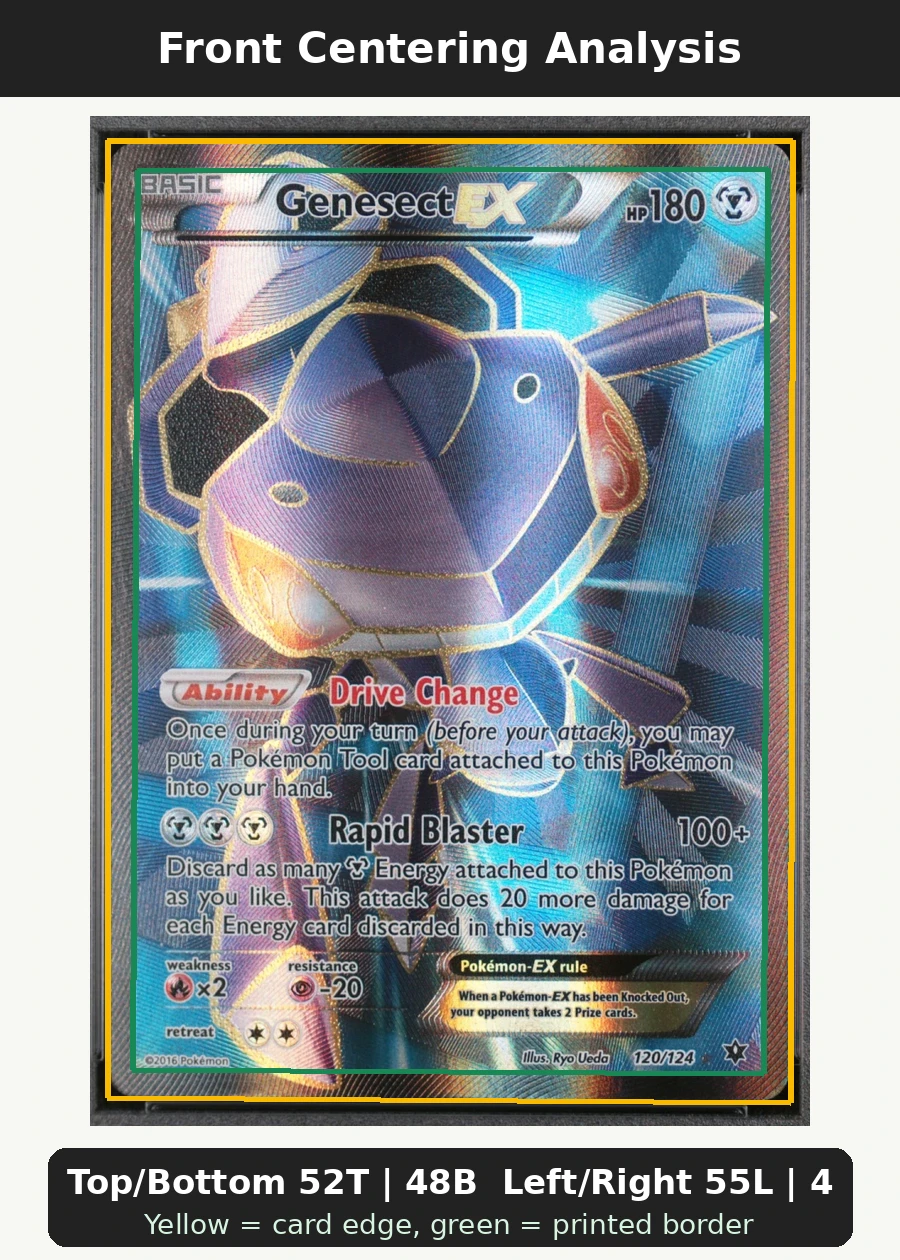Genesect EX 120/124 Fates Collide front centering analysis showing Top/Bottom 52T | 48B and Left/Right 55L | 45R.