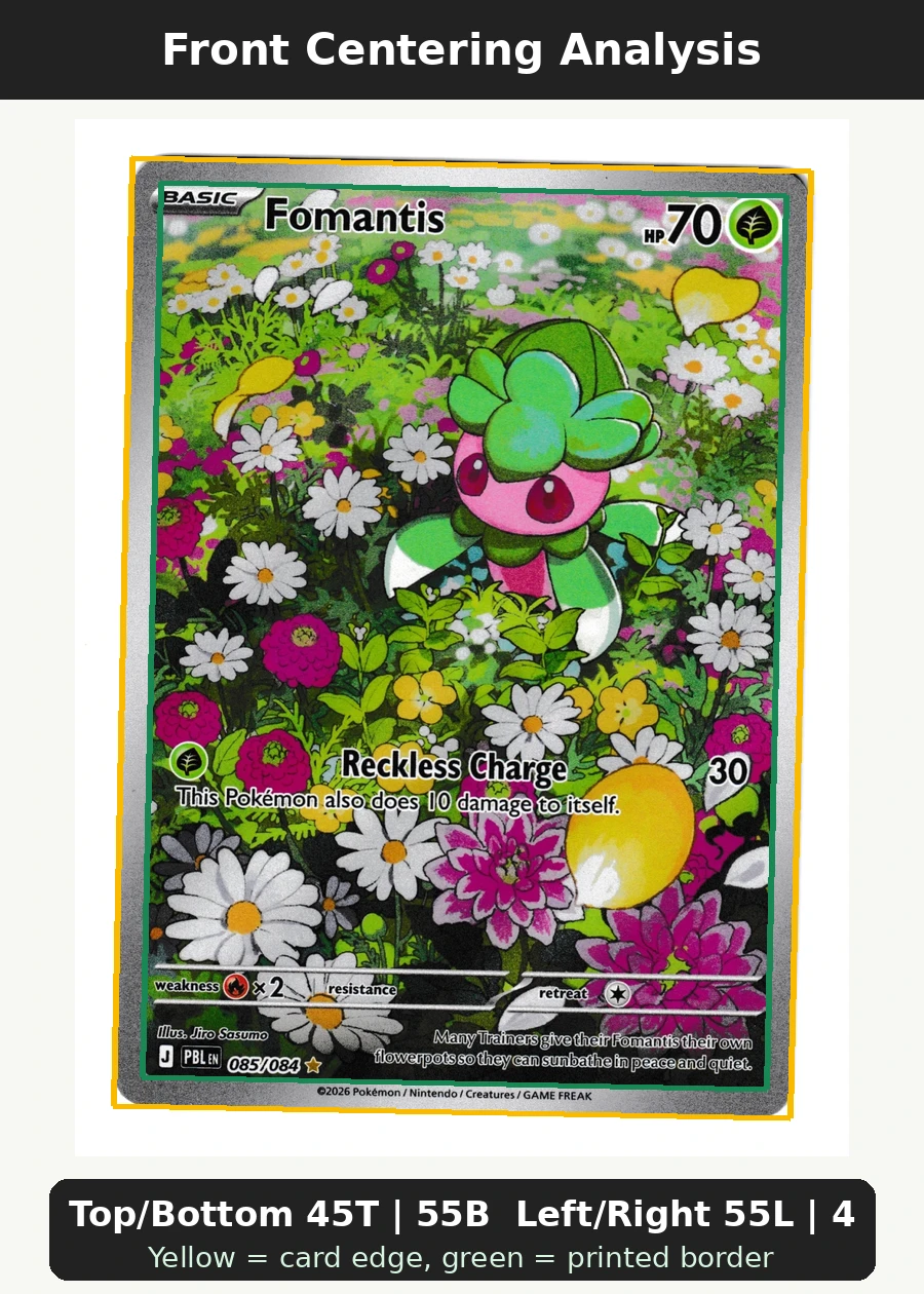 Fomantis 085/84 Pitch Black front centering analysis showing Top/Bottom 45T | 55B and Left/Right 55L | 45R.