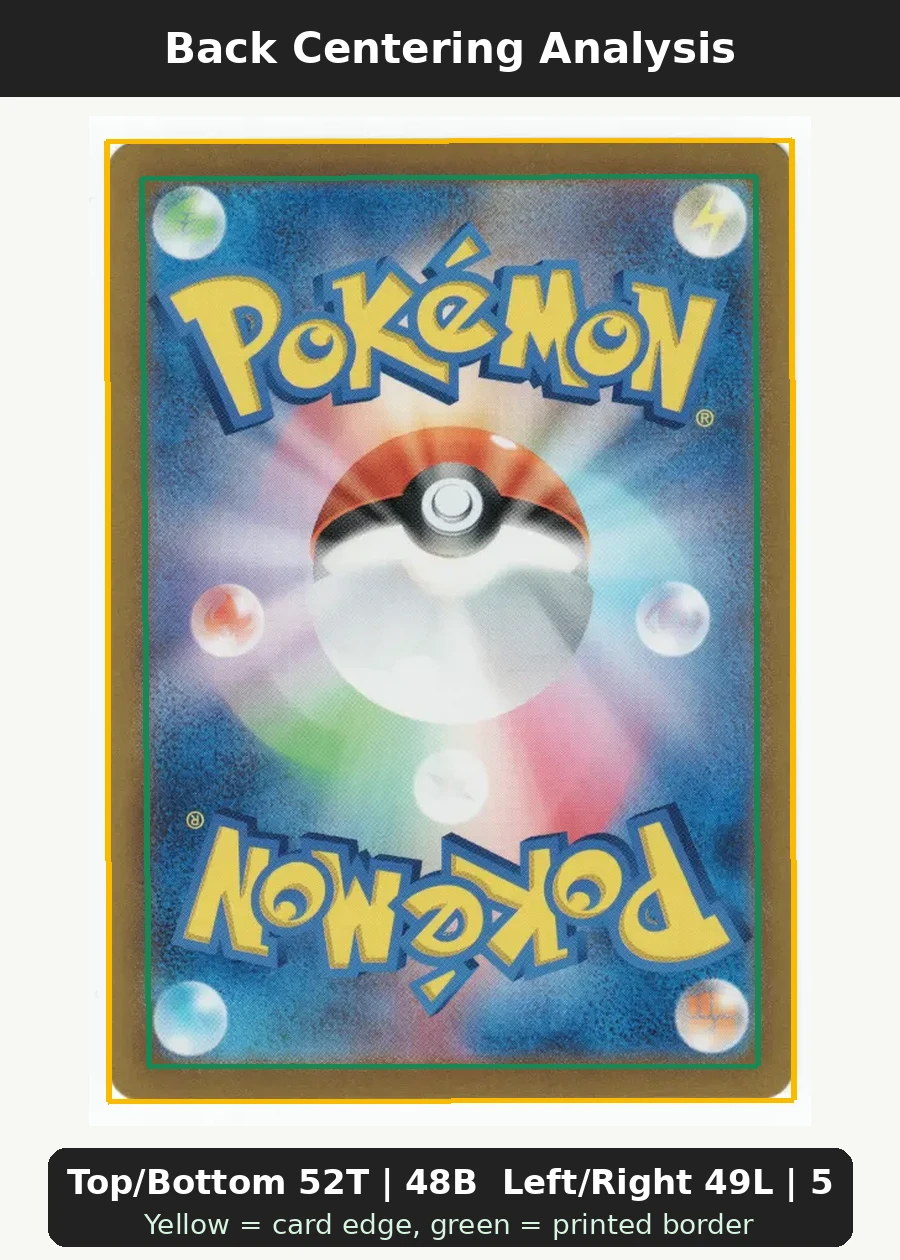 Umbreon ex 161/131 Prismatic Evolutions back centering analysis showing Top/Bottom 52T | 48B and Left/Right 49L | 51R.