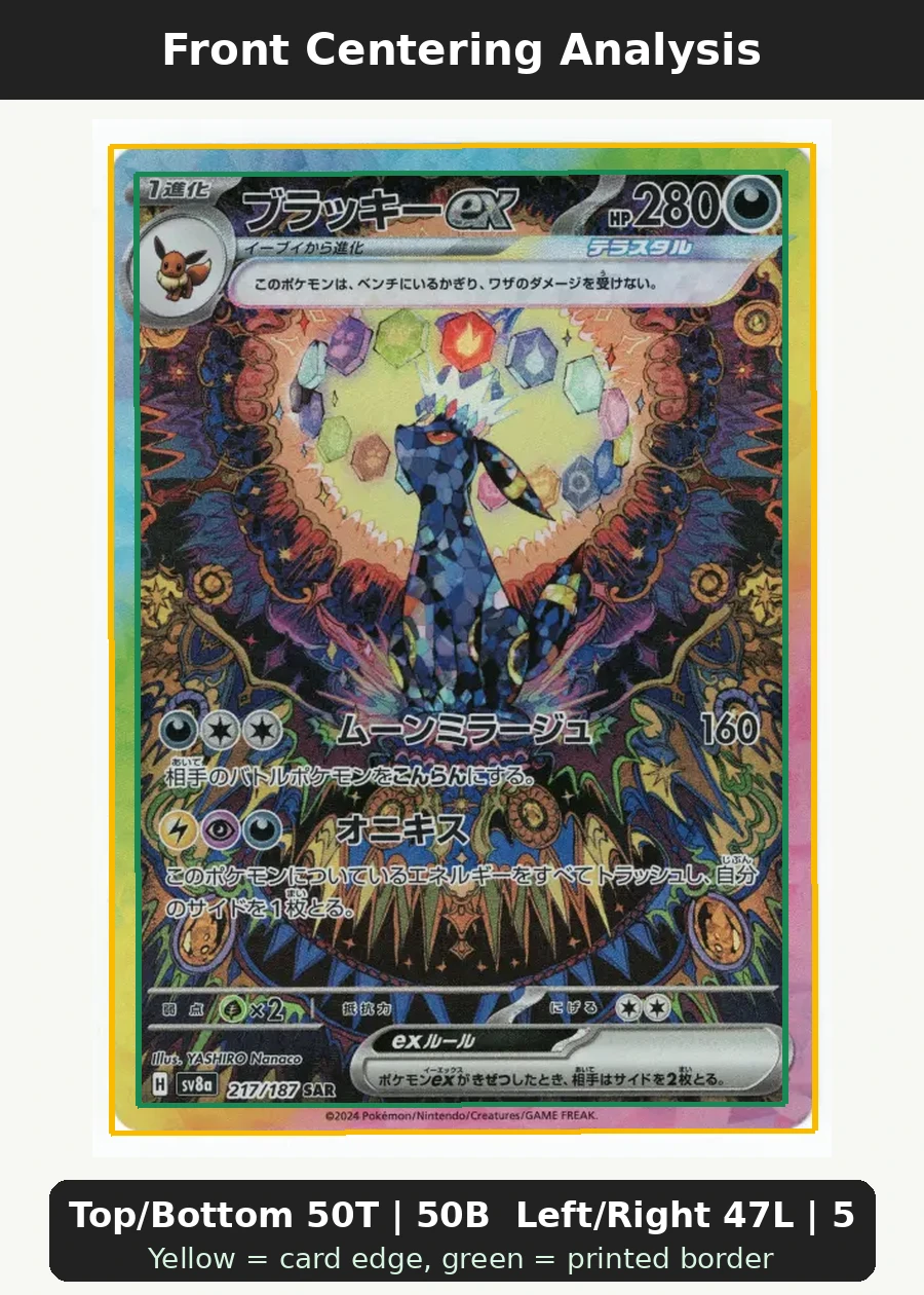 Umbreon ex 161/131 Prismatic Evolutions front centering analysis showing Top/Bottom 50T | 50B and Left/Right 47L | 53R.