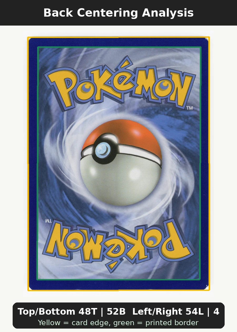Pikachu XY95/211 XY Black Star Promos back centering analysis showing Top/Bottom 48T | 52B and Left/Right 54L | 46R.