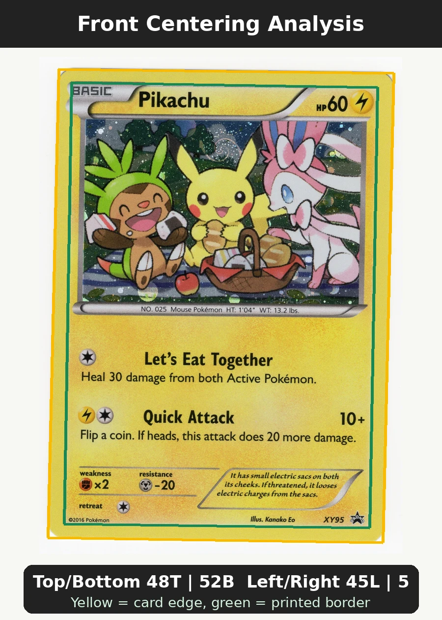 Pikachu XY95/211 XY Black Star Promos front centering analysis showing Top/Bottom 48T | 52B and Left/Right 45L | 55R.