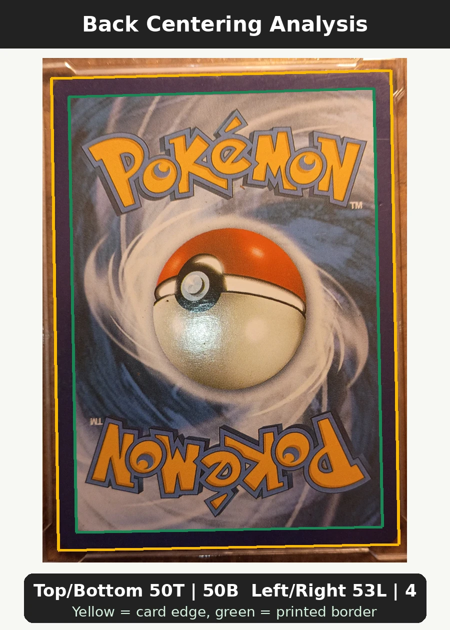 Blaine's Charizard 002/132 (Holo) Gym Challenge back centering analysis showing Top/Bottom 50T | 50B and Left/Right 53L | 47R.