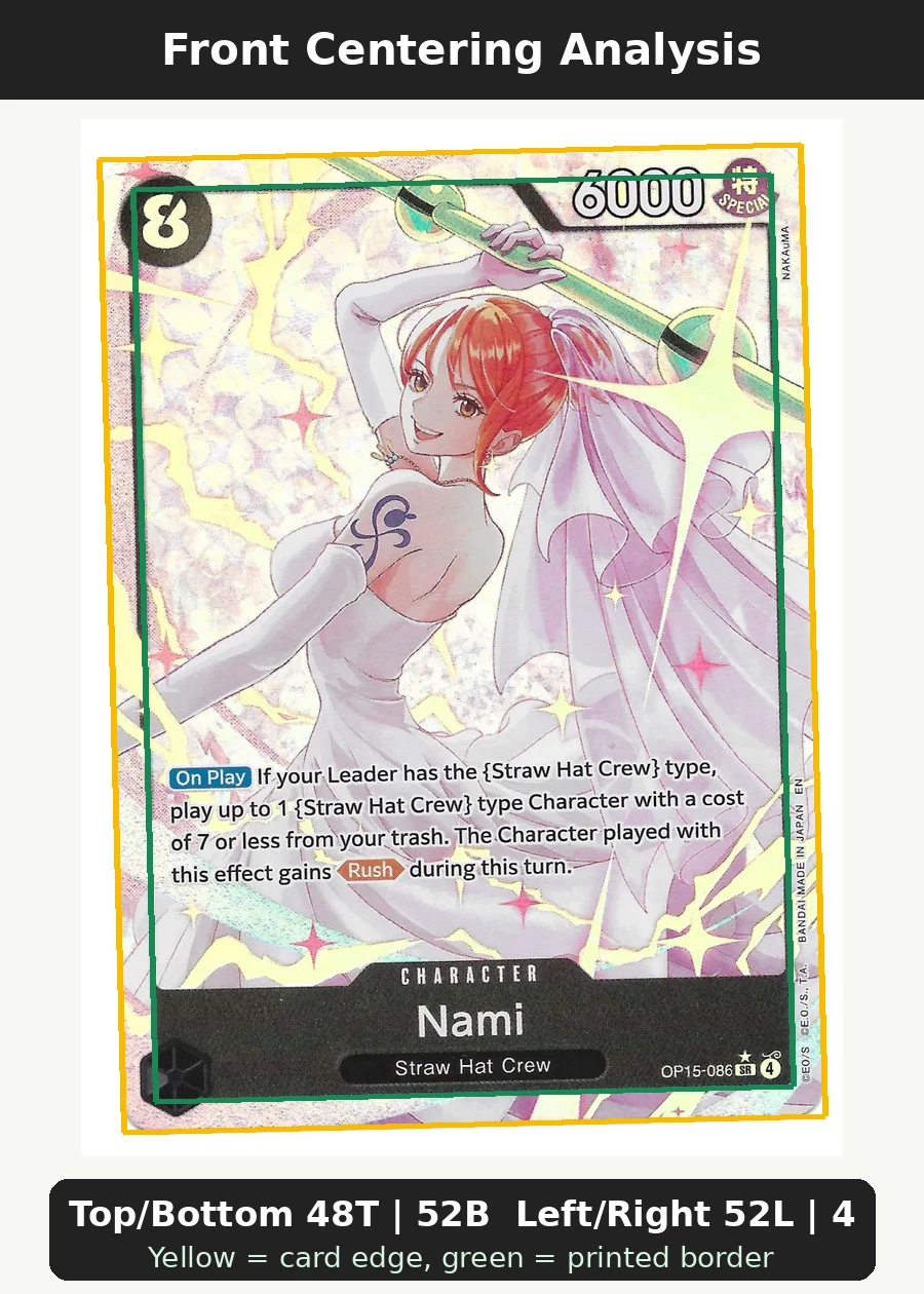 Nami (OP15-086) OP15-086 Adventure on Kami's Island front centering analysis showing Top/Bottom 48T | 52B and Left/Right 52L | 48R.
