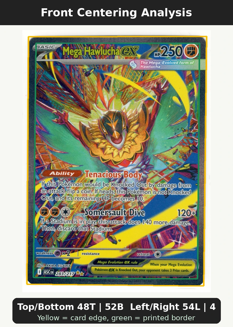Mega Hawlucha ex 283/217 Ascended Heroes front centering analysis showing Top/Bottom 48T | 52B and Left/Right 54L | 46R.