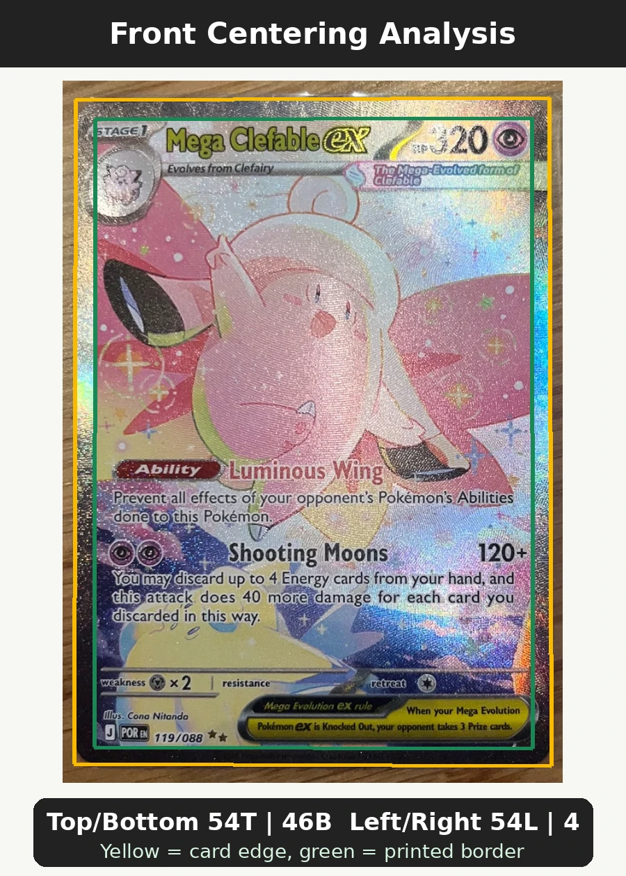 Mega Clefable ex 119/88 Perfect Order front centering analysis showing Top/Bottom 54T | 46B and Left/Right 54L | 46R.