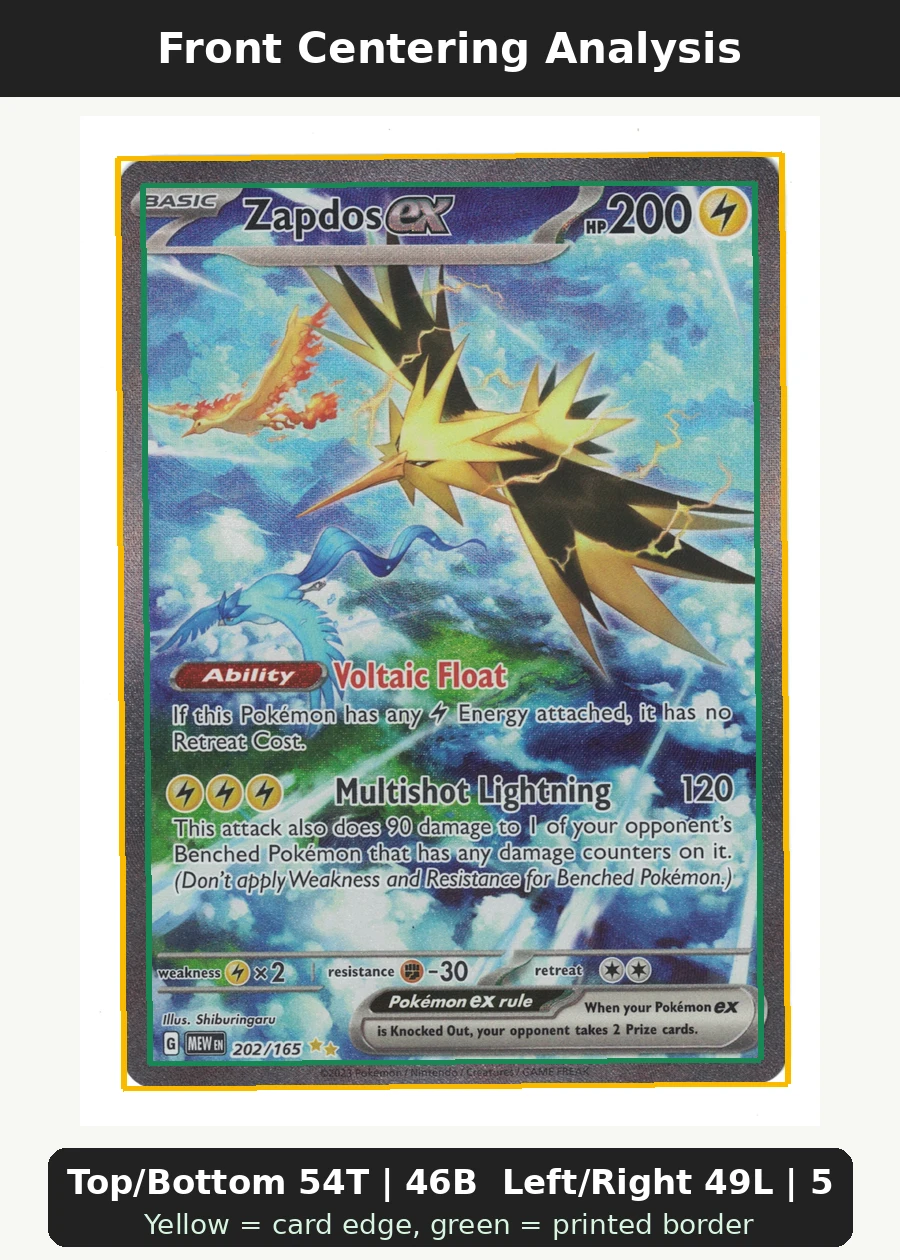 Zapdos ex 202/165 151 front centering analysis showing Top/Bottom 54T | 46B and Left/Right 49L | 51R.