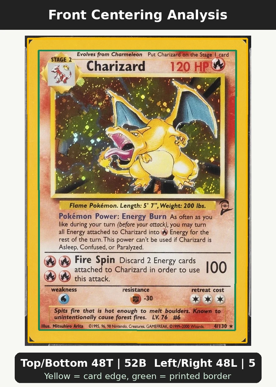 Charizard 004/130 Base Set 2 front centering analysis showing Top/Bottom 48T | 52B and Left/Right 48L | 52R.