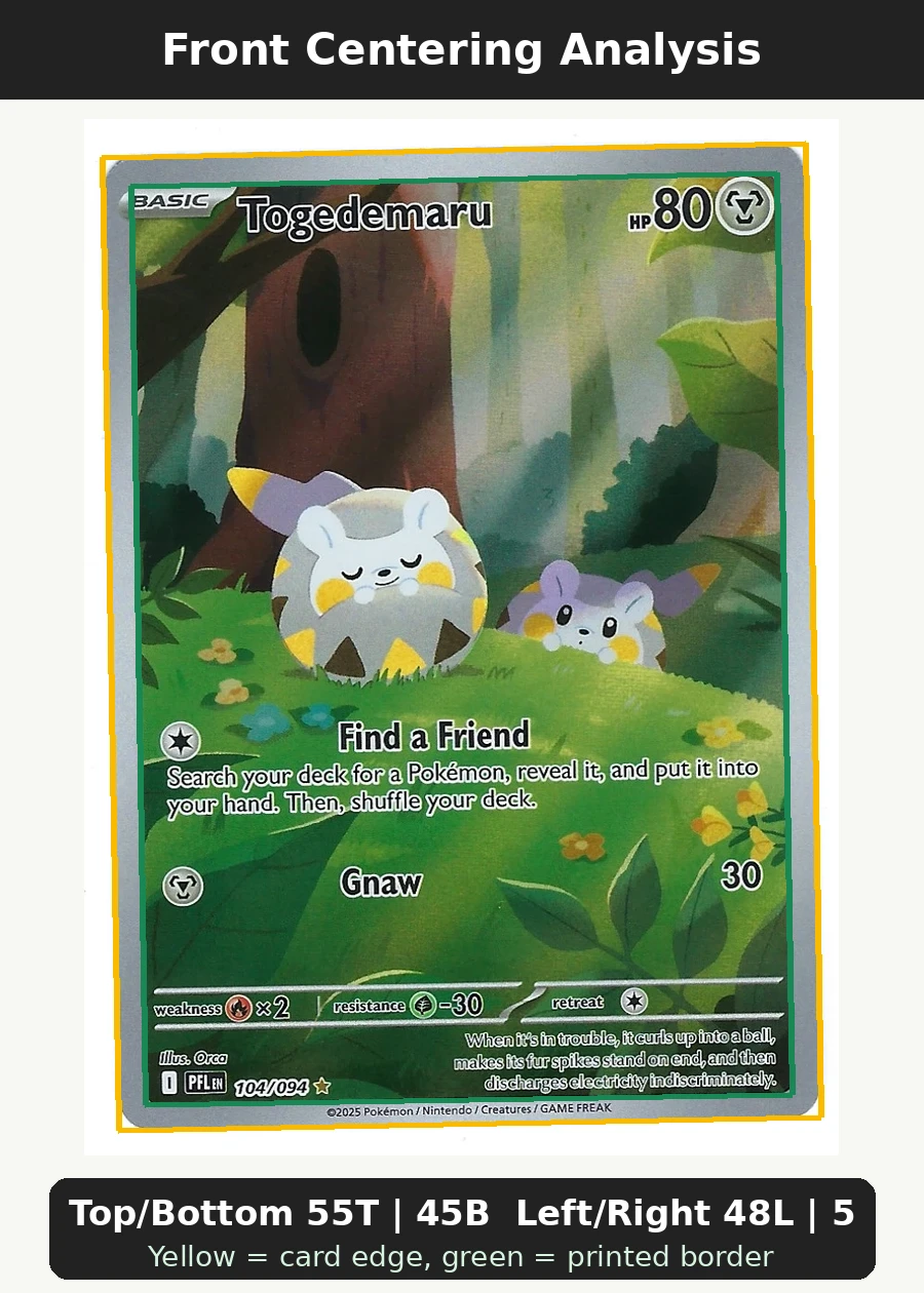 Togedemaru 104/94 Phantasmal Flames front centering analysis showing Top/Bottom 55T | 45B and Left/Right 48L | 52R.