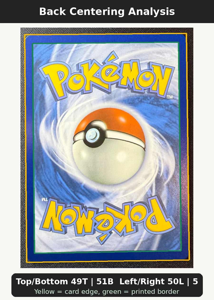 Bulbasaur 037 MEP Black Star Promos back centering analysis showing Top/Bottom 49T | 51B and Left/Right 50L | 50R.