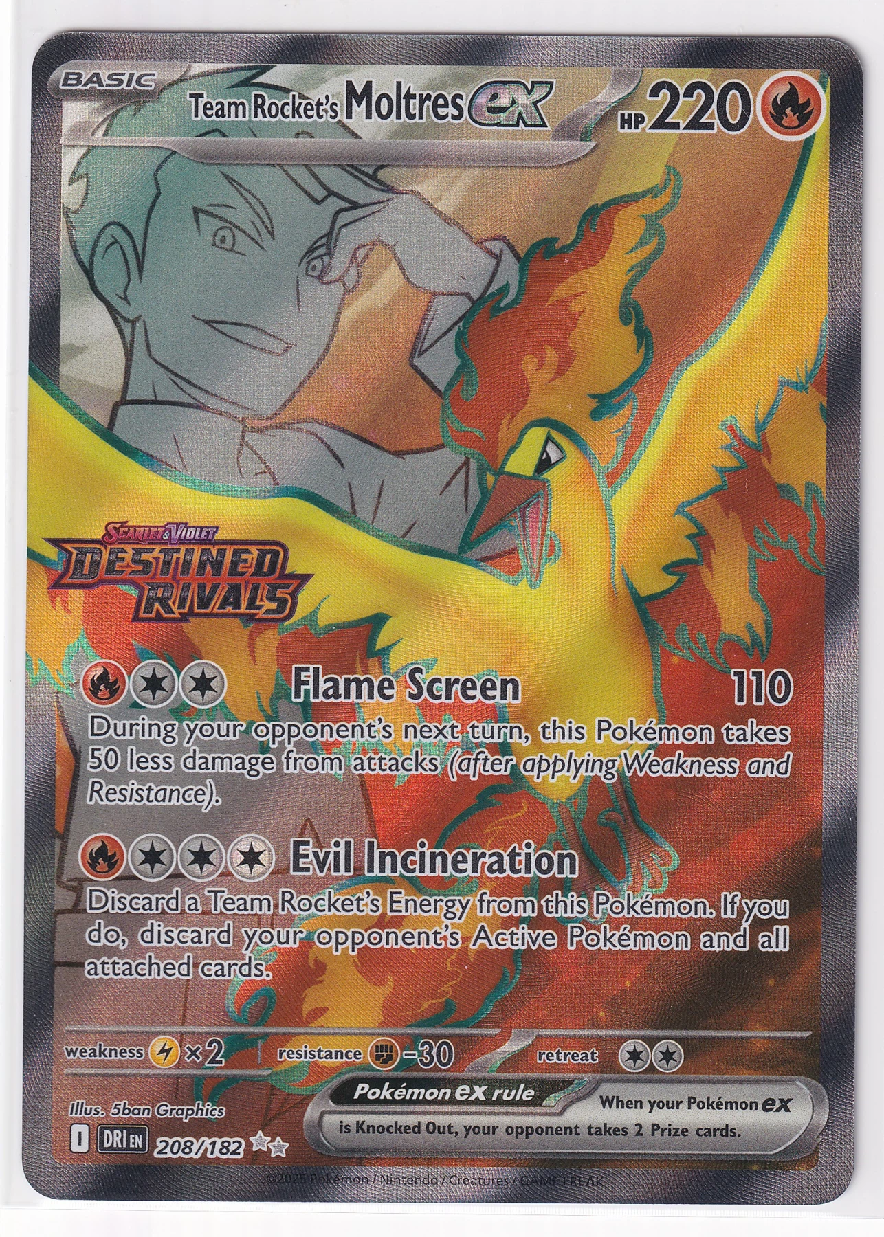 Team Rocket's Moltres ex 208/182 Destined Rivals front card photo in PokeToGrade pregrading report