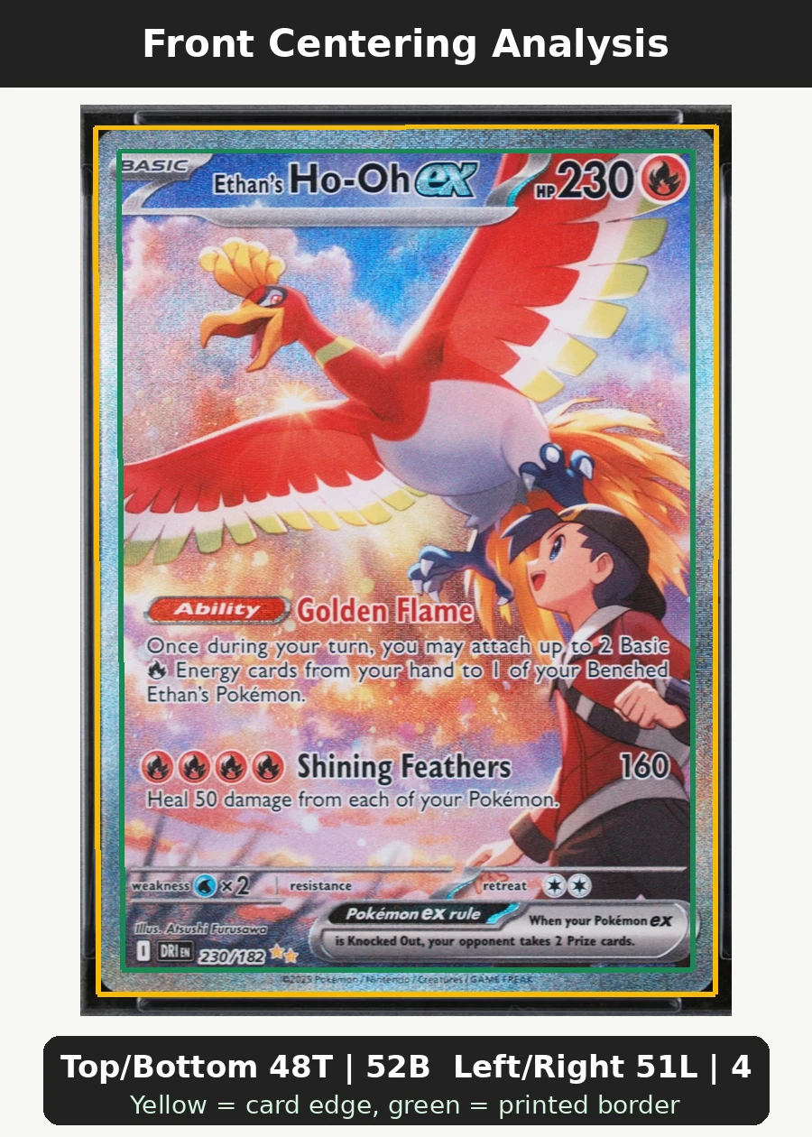 Ethan's Ho-Oh ex 230/182 Destined Rivals front centering analysis showing Top/Bottom 48T | 52B and Left/Right 51L | 49R.