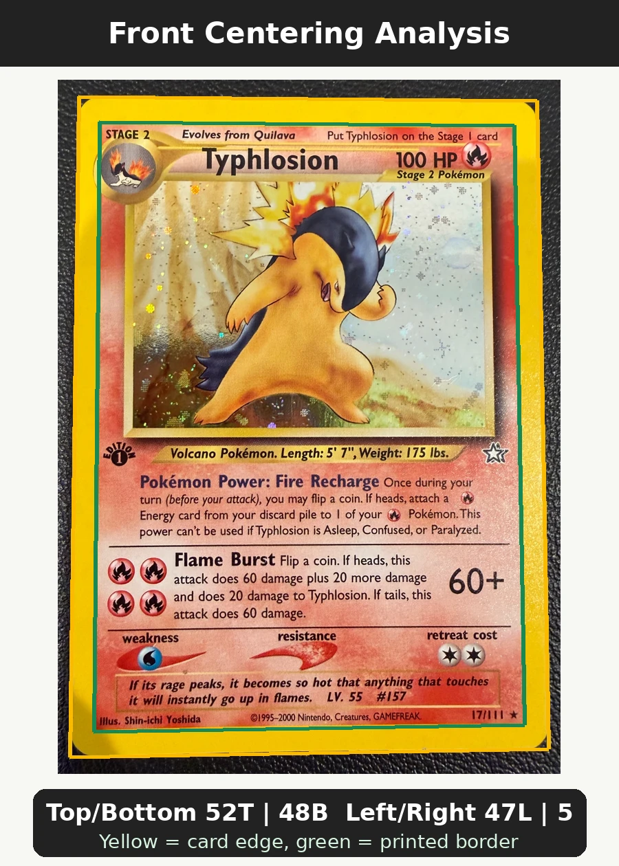 Typhlosion 017/111 Neo Genesis front centering analysis showing Top/Bottom 52T | 48B and Left/Right 47L | 53R.