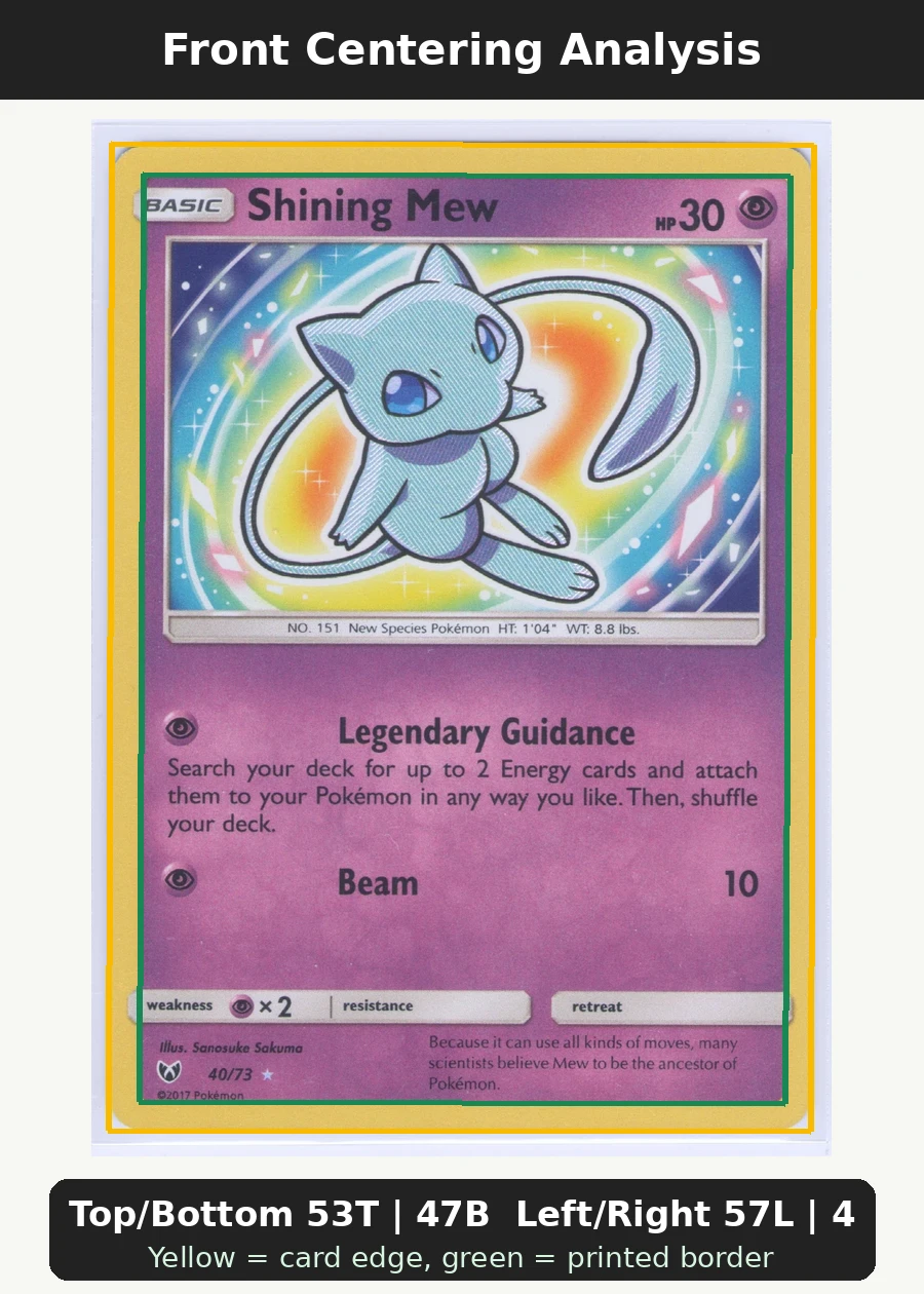 Shining Mew 040/73 Shining Legends front centering analysis showing Top/Bottom 53T | 47B and Left/Right 57L | 43R.