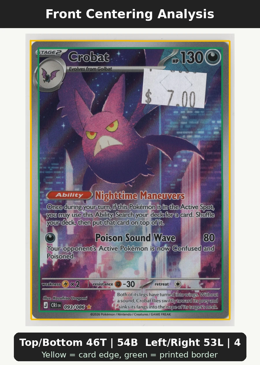 Crobat 093/86 Chaos Rising front centering analysis showing Top/Bottom 46T | 54B and Left/Right 53L | 47R.