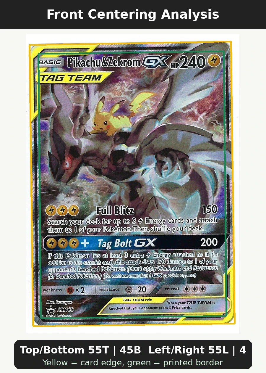Pikachu & Zekrom GX SM168/248 SM Black Star Promos front centering analysis showing Top/Bottom 55T | 45B and Left/Right 55L | 45R.