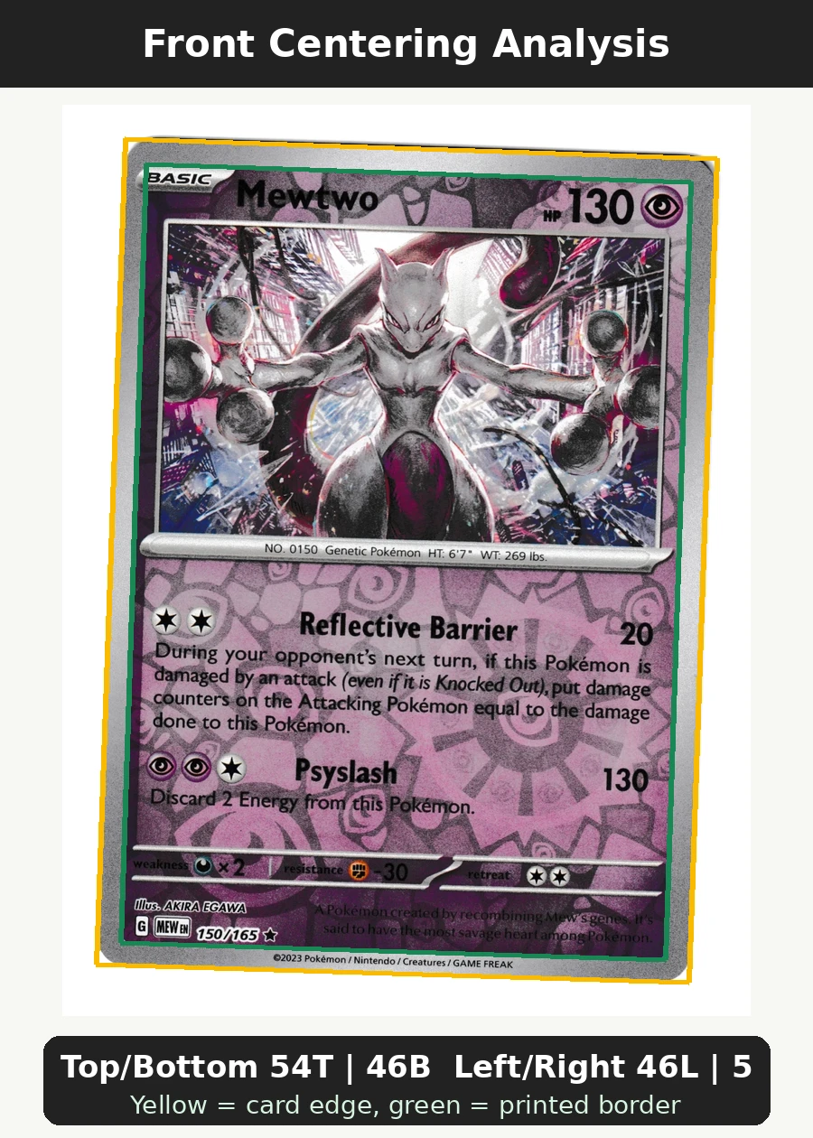 Mewtwo 150/165 151 front centering analysis showing Top/Bottom 54T | 46B and Left/Right 46L | 54R.