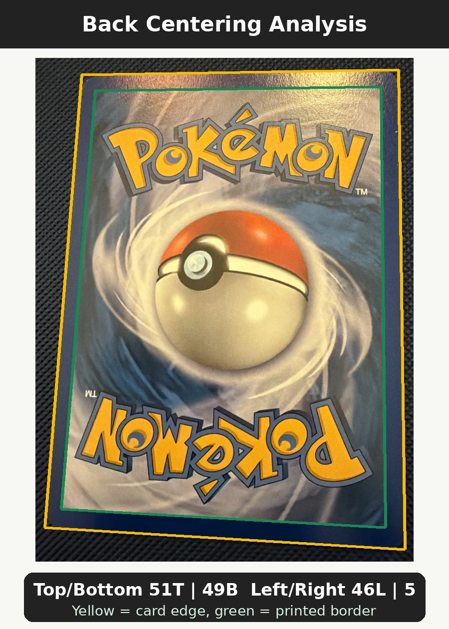 Meowth 102/101 Noble Victories back centering analysis showing Top/Bottom 51T | 49B and Left/Right 46L | 54R.