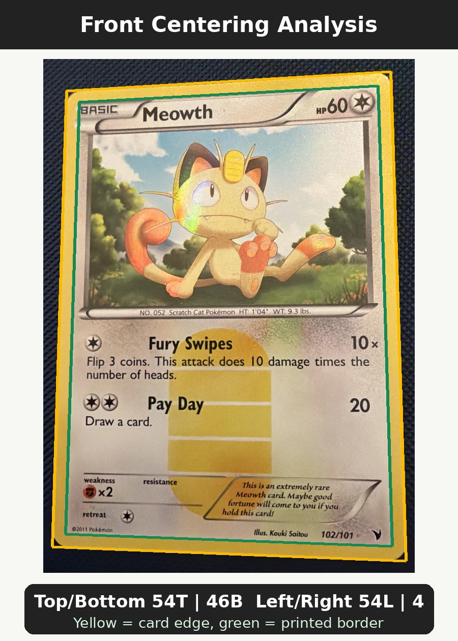 Meowth 102/101 Noble Victories front centering analysis showing Top/Bottom 54T | 46B and Left/Right 54L | 46R.