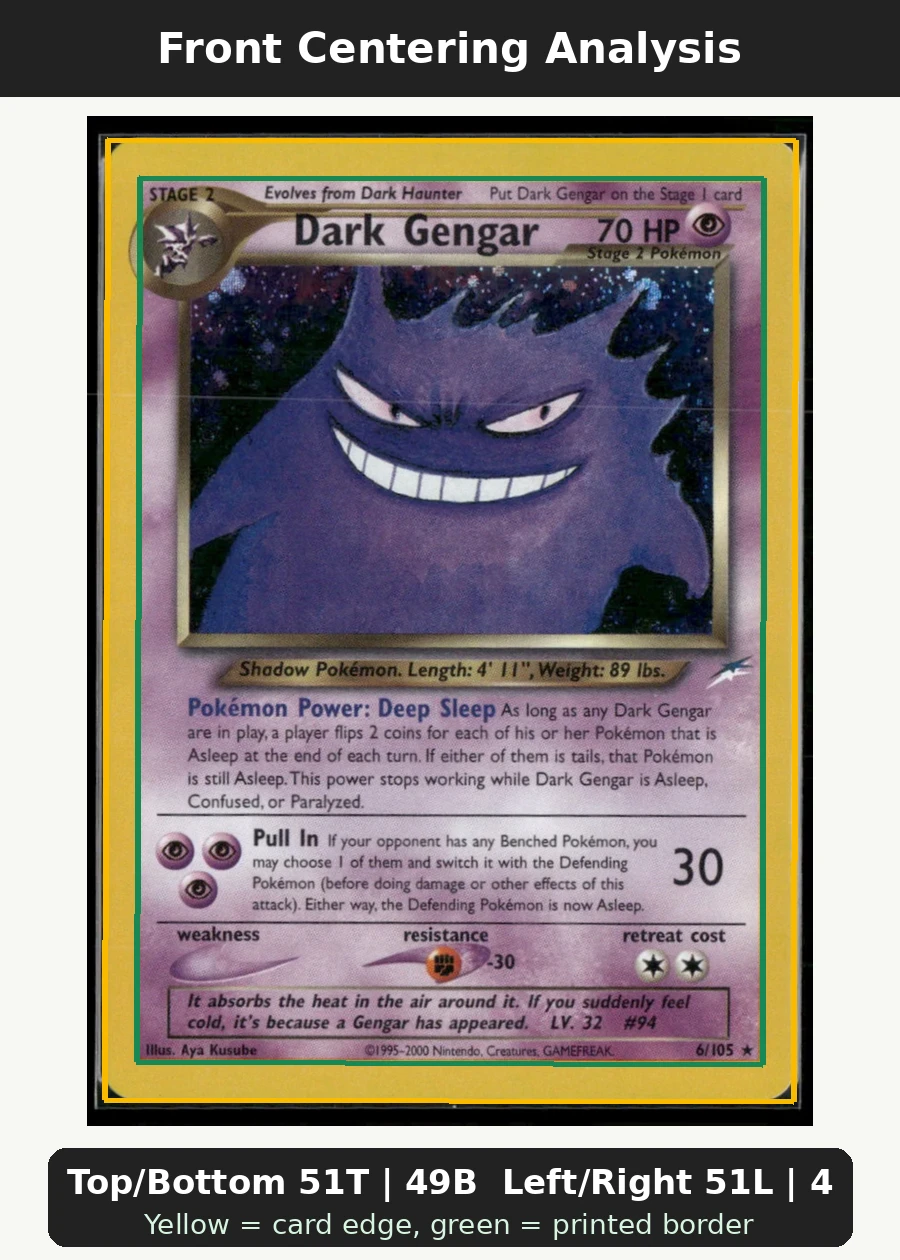 Dark Gengar 006/105 Neo Destiny front centering analysis showing Top/Bottom 51T | 49B and Left/Right 51L | 49R.