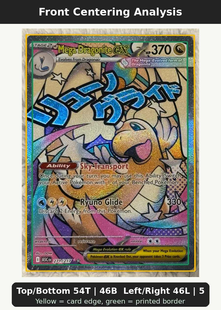Mega Dragonite ex 271/217 Ascended Heroes front centering analysis showing Top/Bottom 54T | 46B and Left/Right 46L | 54R.
