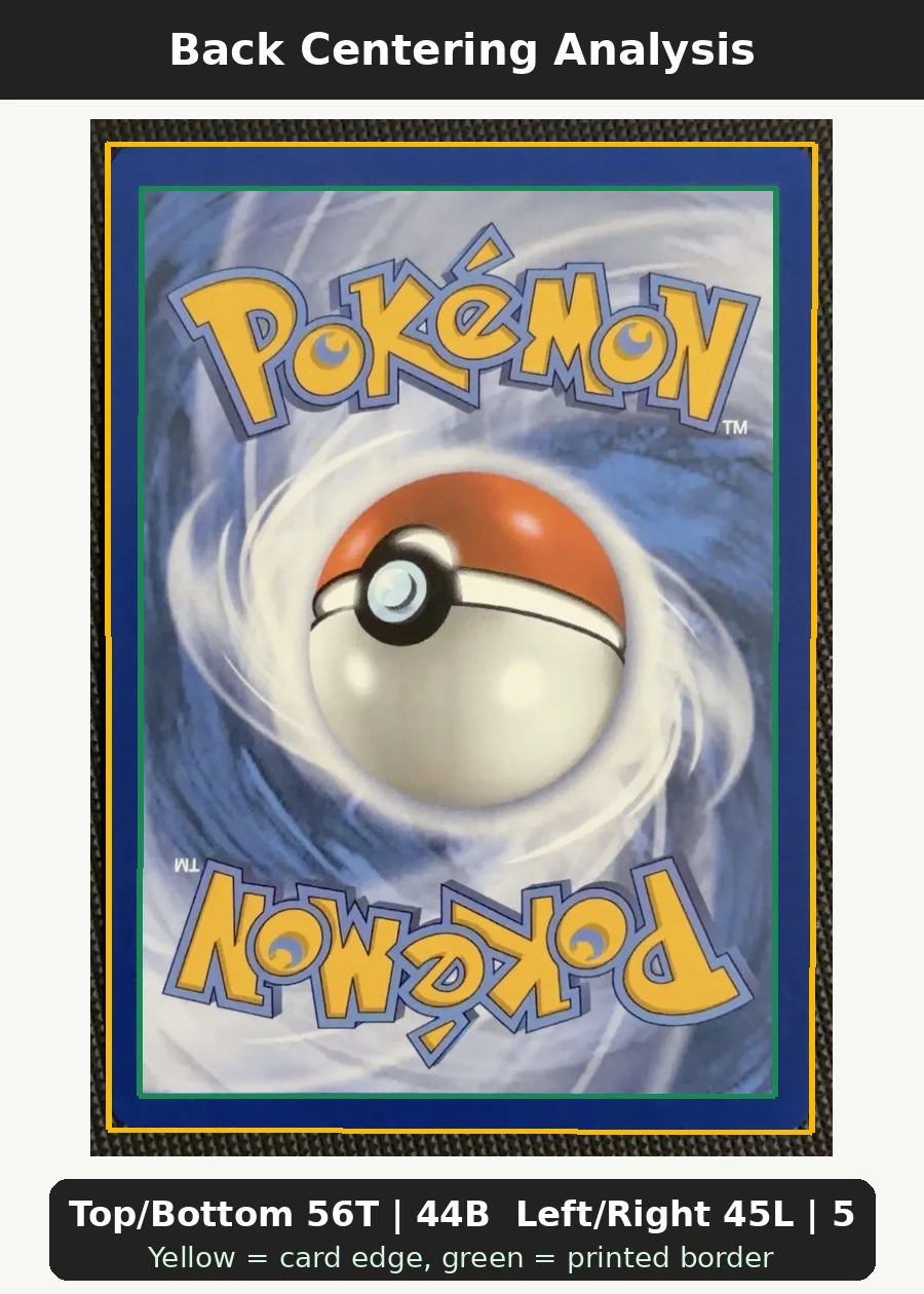 Mega Gardevoir EX 187/132 Mega Evolution back centering analysis showing Top/Bottom 56T | 44B and Left/Right 45L | 55R.