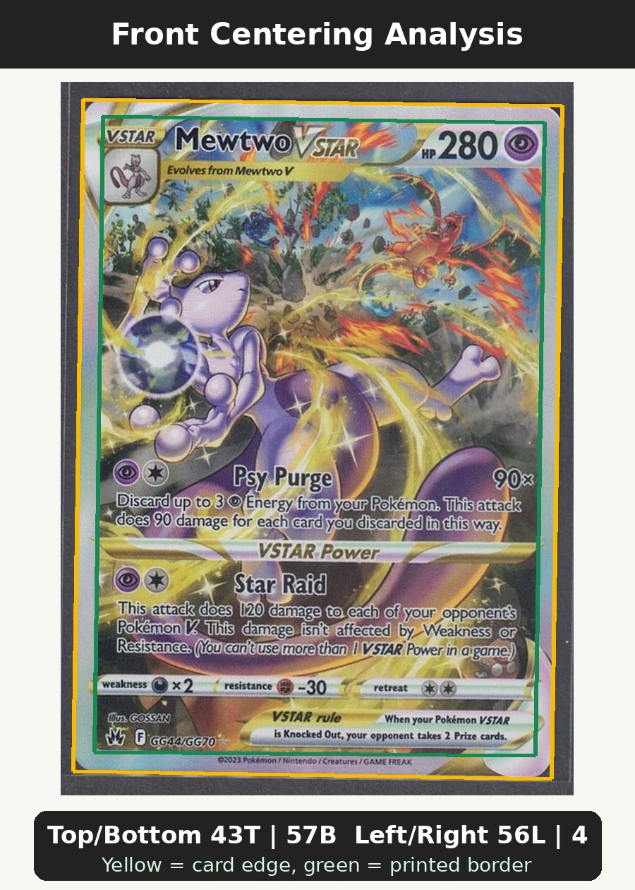 Mewtwo VSTAR GG44/159 Crown Zenith front centering analysis showing Top/Bottom 43T | 57B and Left/Right 56L | 44R.