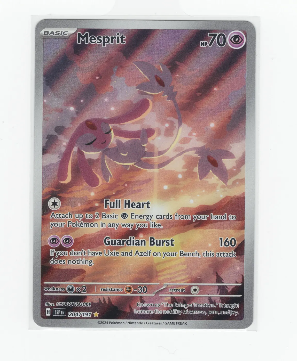 Mesprit 204/191 Surging Sparks front card photo in PokeToGrade pregrading report