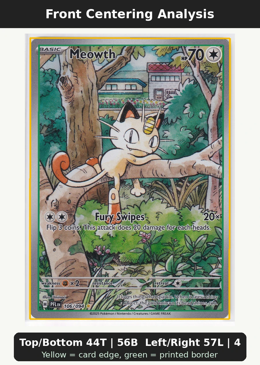 Meowth 106/94 Phantasmal Flames front centering analysis showing Top/Bottom 44T | 56B and Left/Right 57L | 43R.