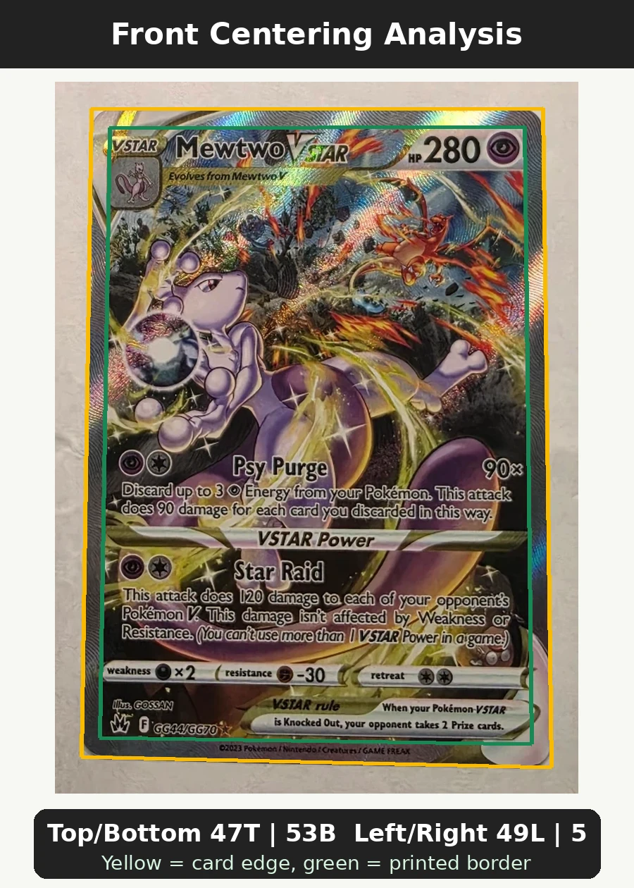 Mewtwo VSTAR GG44/159 Crown Zenith front centering analysis showing Top/Bottom 47T | 53B and Left/Right 49L | 51R.