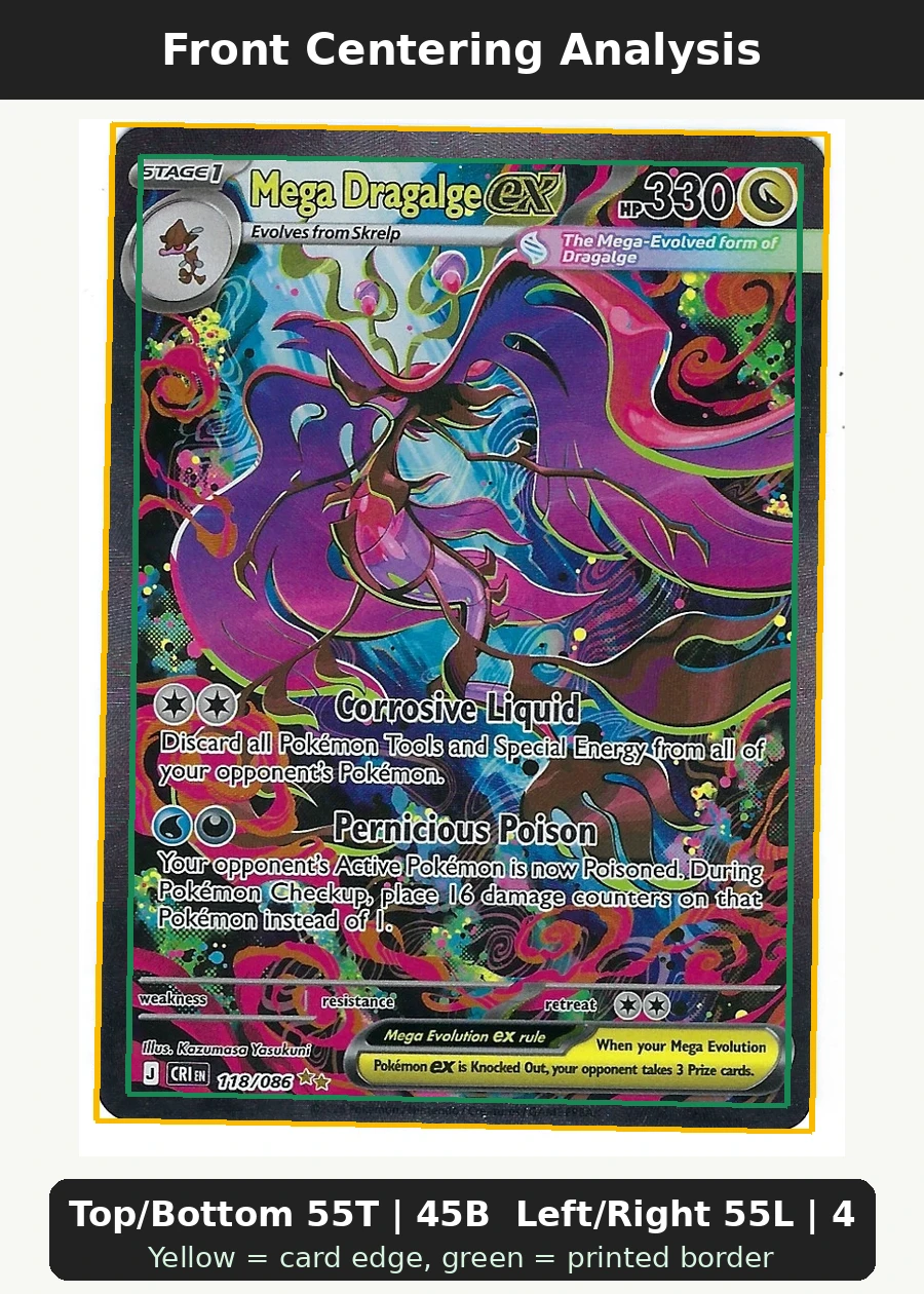 Mega Dragalge ex 118/86 Chaos Rising front centering analysis showing Top/Bottom 55T | 45B and Left/Right 55L | 45R.