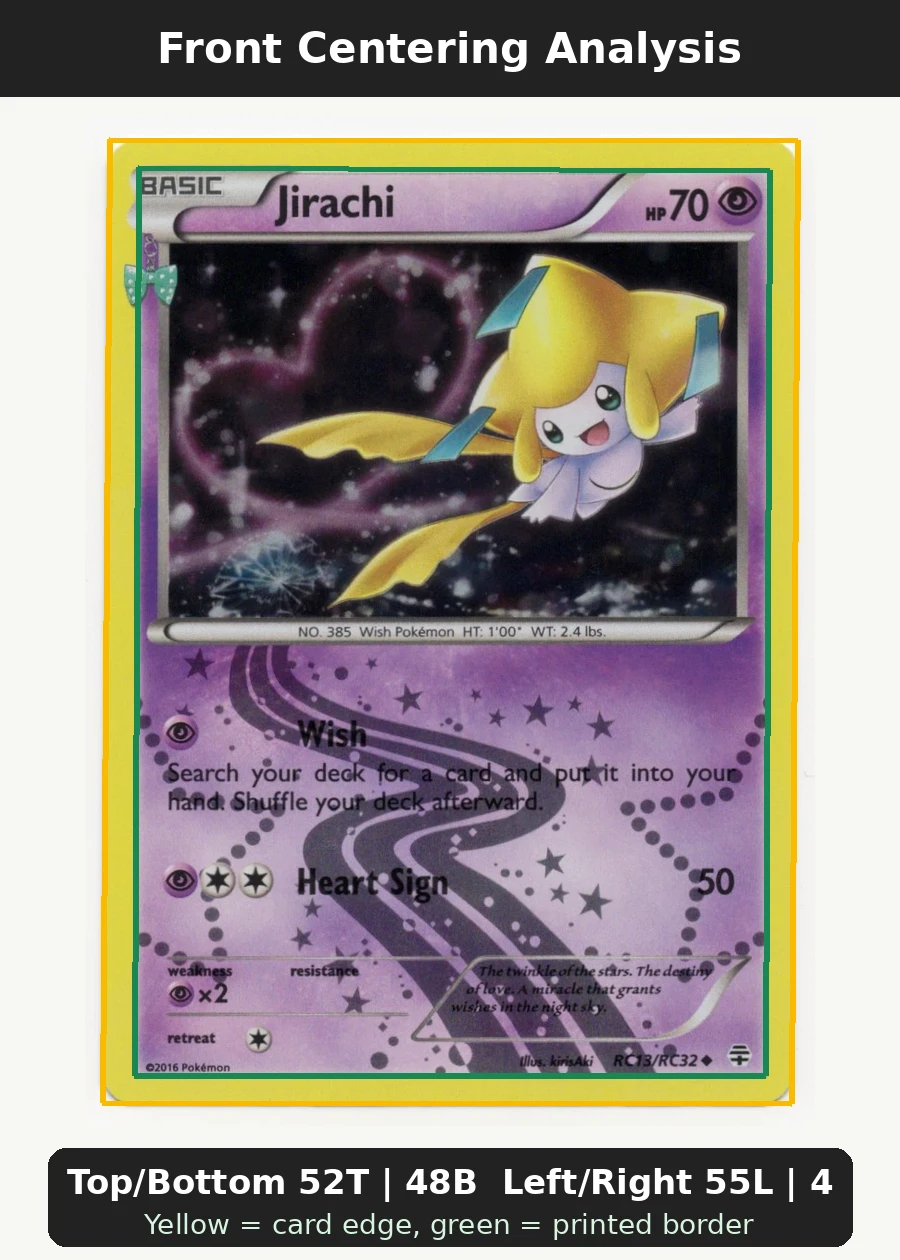 Jirachi RC13/83 Generations front centering analysis showing Top/Bottom 52T | 48B and Left/Right 55L | 45R.