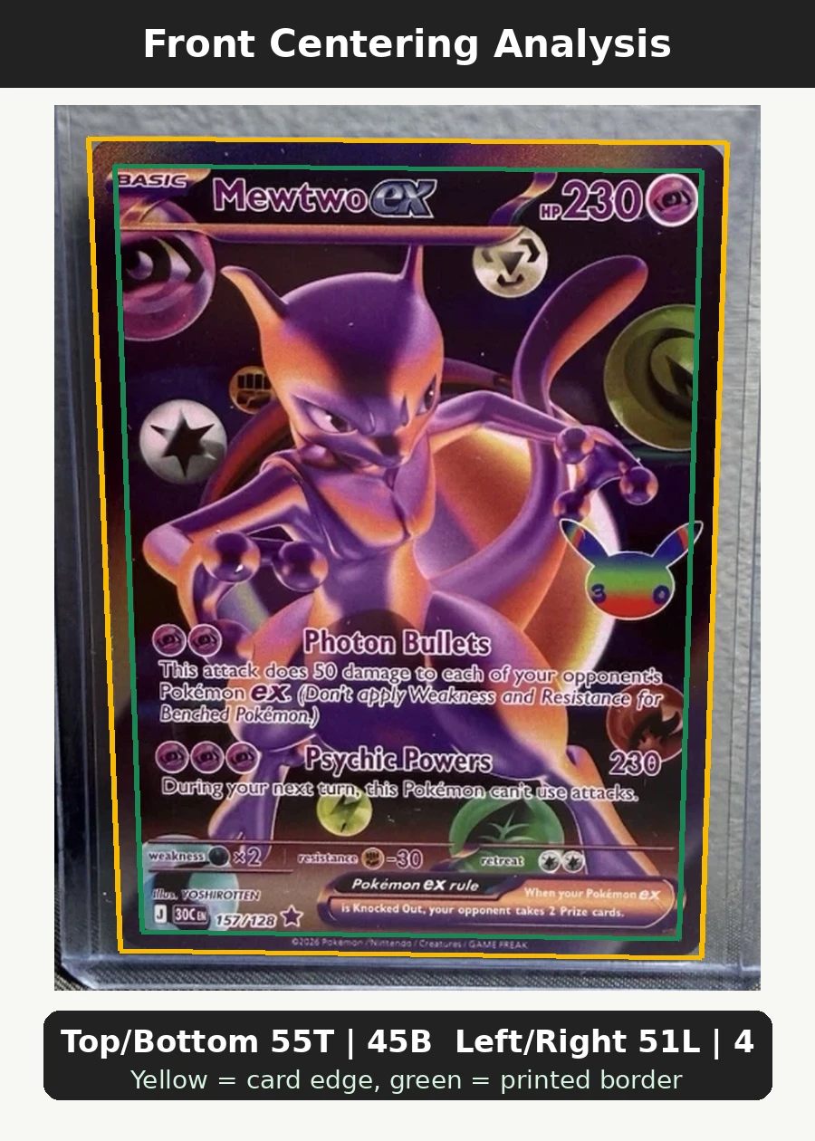 Mewtwo ex 157/128 30th Celebration front centering analysis showing Top/Bottom 55T | 45B and Left/Right 51L | 49R.