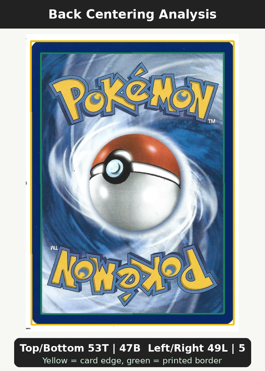 Pikachu 051/162 Temporal Forces back centering analysis showing Top/Bottom 53T | 47B and Left/Right 49L | 51R.
