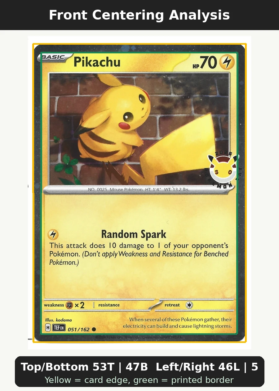 Pikachu 051/162 Temporal Forces front centering analysis showing Top/Bottom 53T | 47B and Left/Right 46L | 54R.