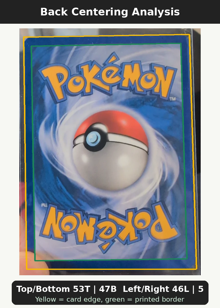 Meowth 013/40 Nintendo Black Star Promos back centering analysis showing Top/Bottom 53T | 47B and Left/Right 46L | 54R.