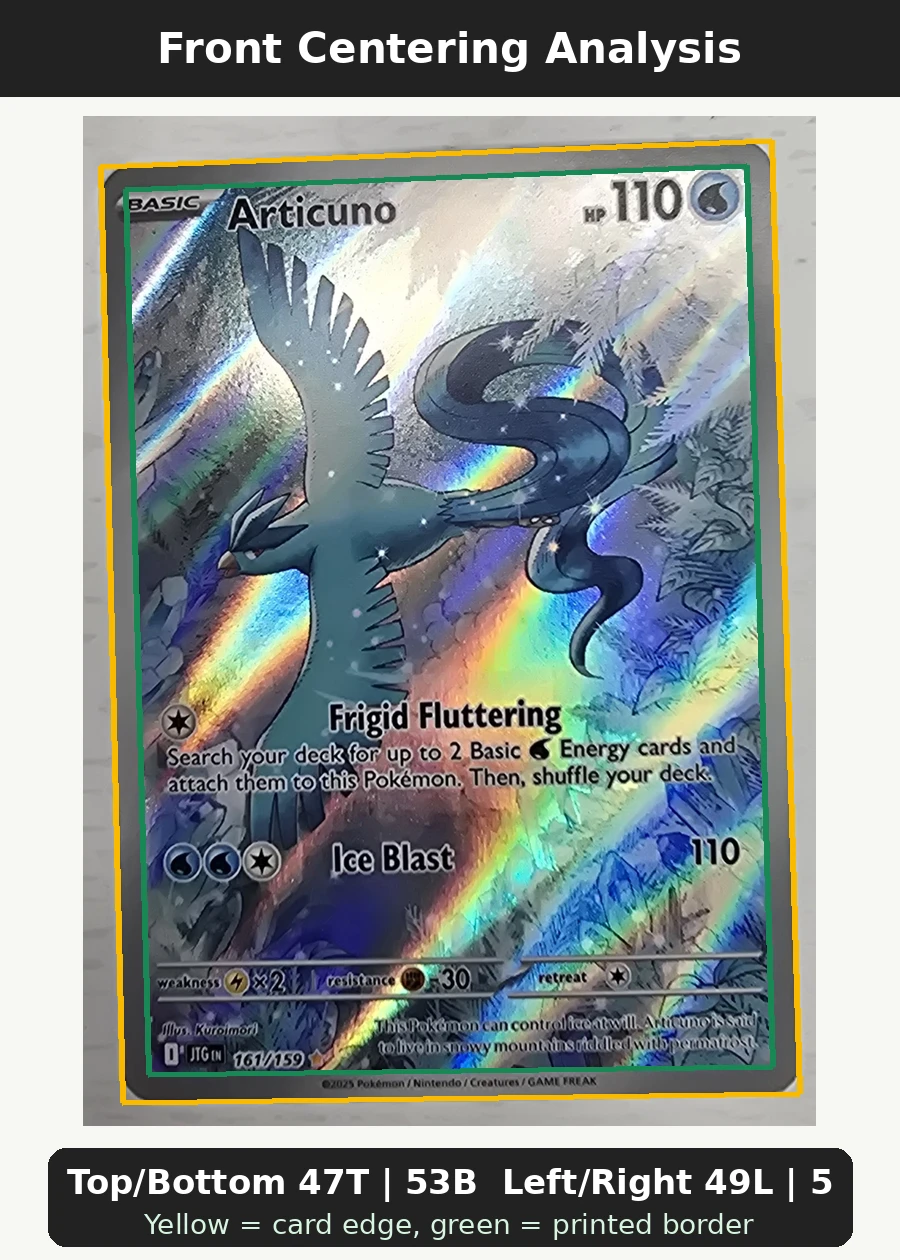 Articuno 161/159 Journey Together front centering analysis showing Top/Bottom 47T | 53B and Left/Right 49L | 51R.