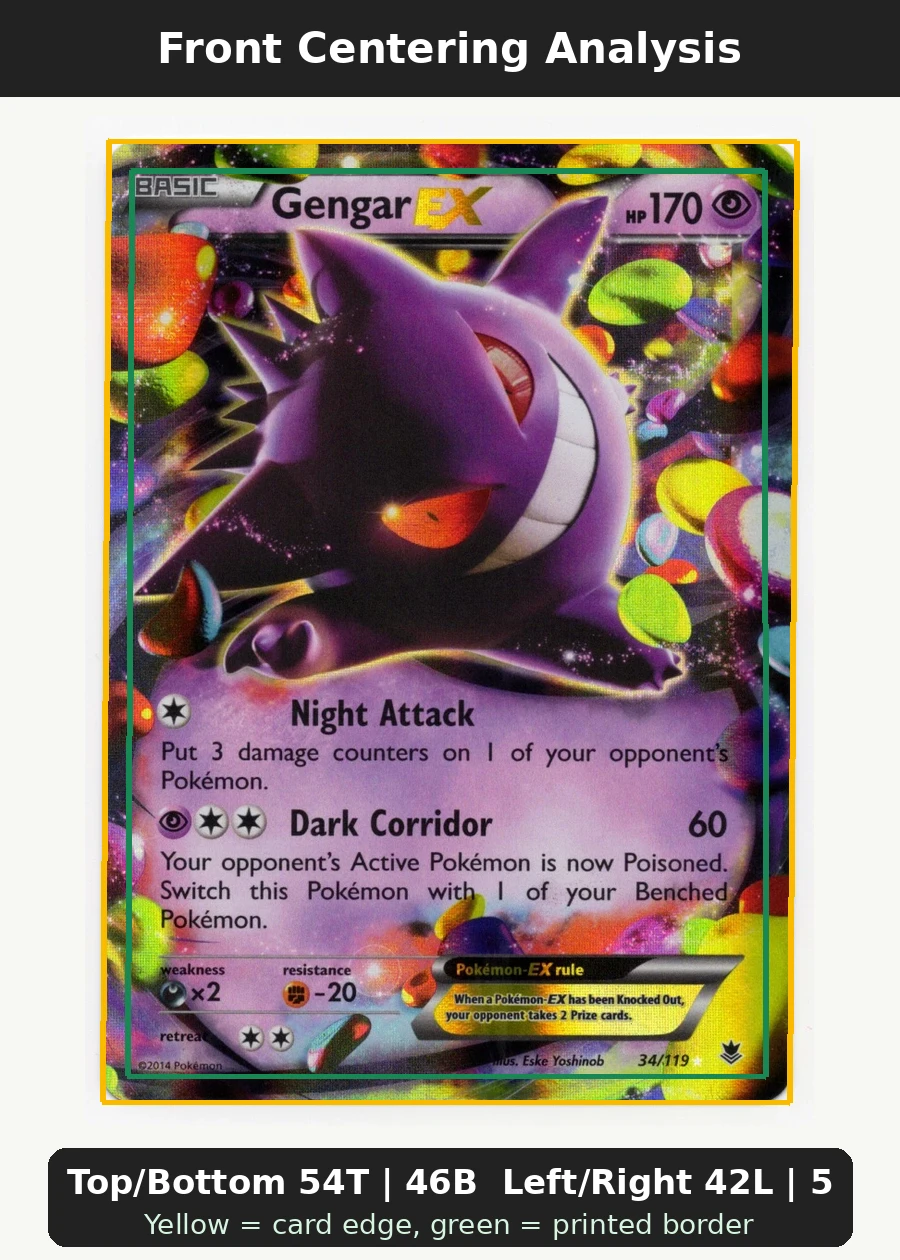 Gengar EX 034/119 Phantom Forces front centering analysis showing Top/Bottom 54T | 46B and Left/Right 42L | 58R.