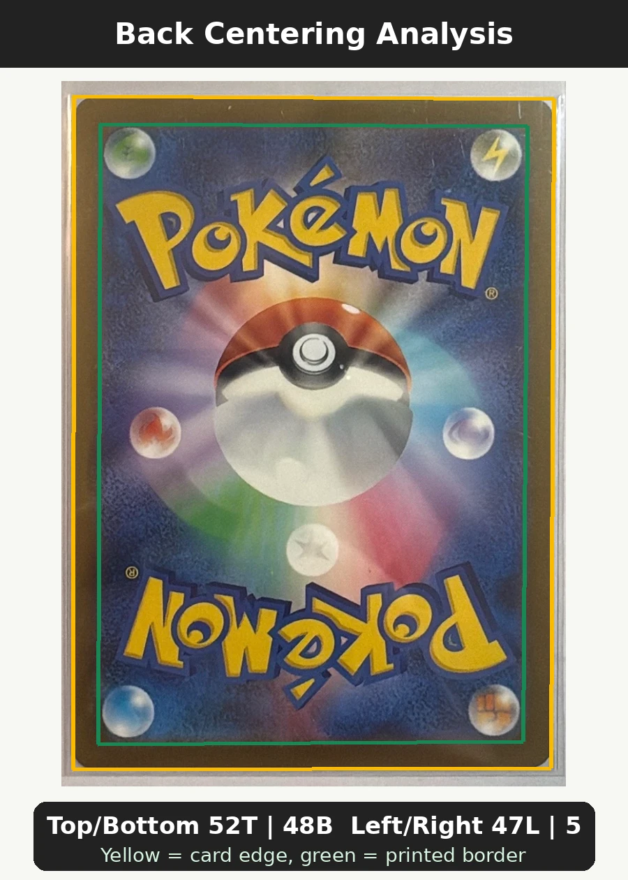 N's Zoroark ex 286/217 Ascended Heroes back centering analysis showing Top/Bottom 52T | 48B and Left/Right 47L | 53R.