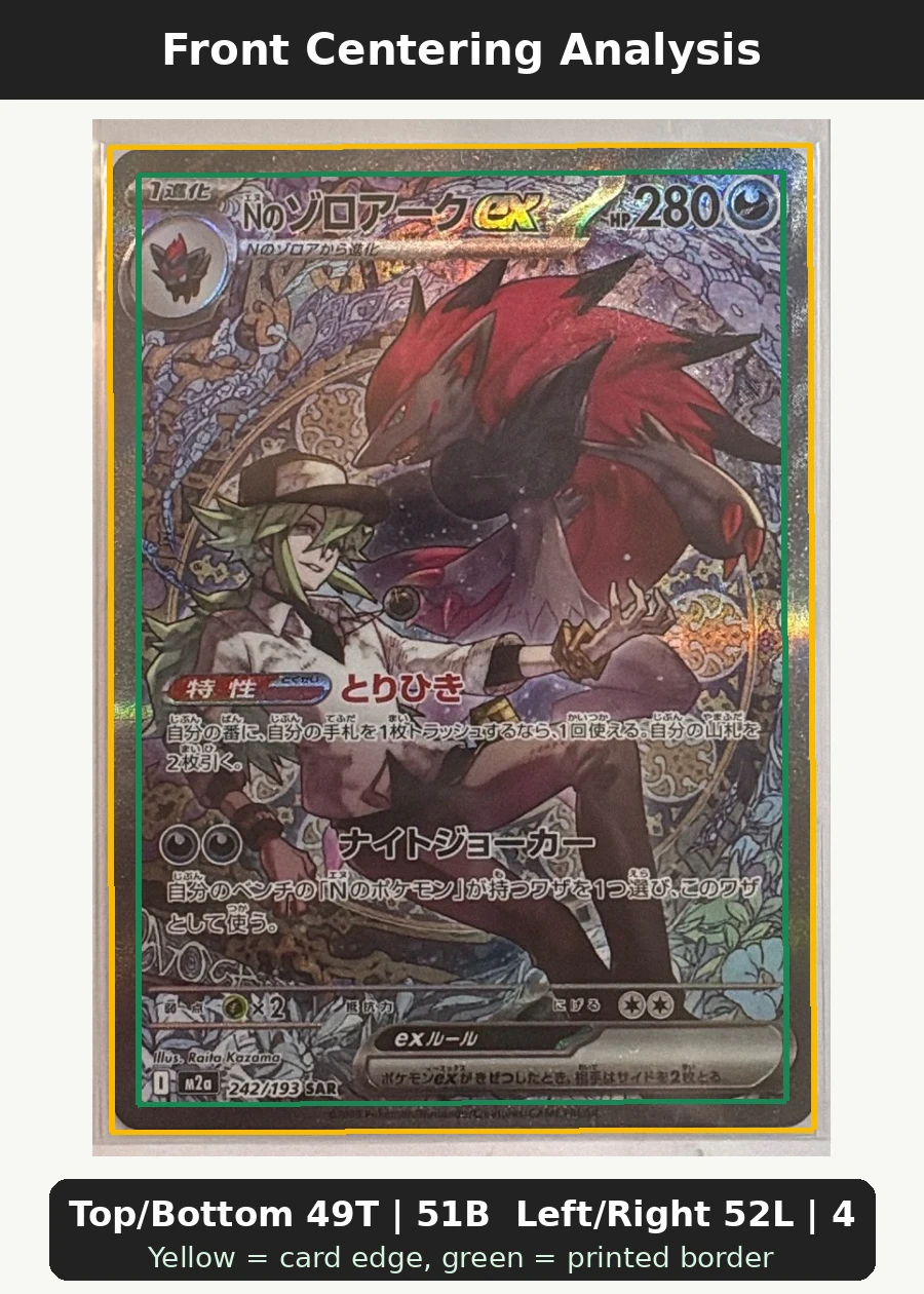 N's Zoroark ex 286/217 Ascended Heroes front centering analysis showing Top/Bottom 49T | 51B and Left/Right 52L | 48R.