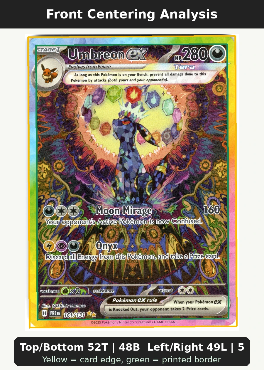 Umbreon ex 161/131 Prismatic Evolutions front centering analysis showing Top/Bottom 52T | 48B and Left/Right 49L | 51R.
