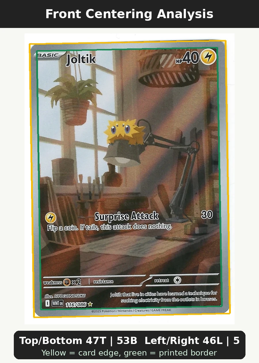 Joltik 116/86 White Flare front centering analysis showing Top/Bottom 47T | 53B and Left/Right 46L | 54R.