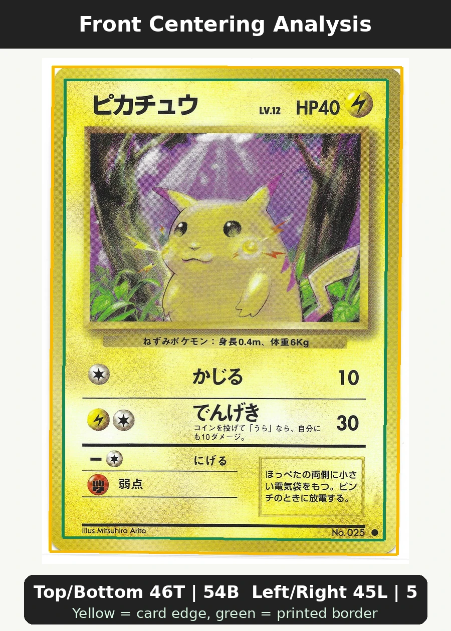 Pikachu 035/108 Evolutions front centering analysis showing Top/Bottom 46T | 54B and Left/Right 45L | 55R.