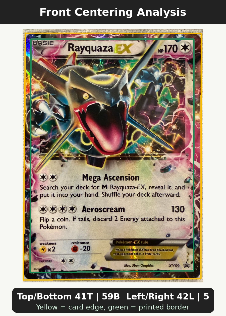 Rayquaza EX XY69/211 XY Black Star Promos front centering analysis showing Top/Bottom 41T | 59B and Left/Right 42L | 58R.