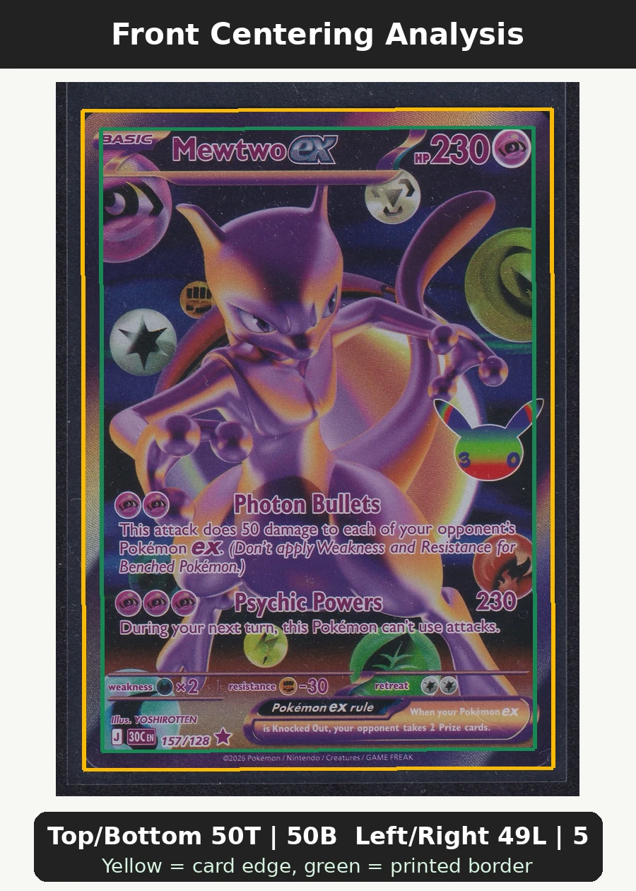 Mewtwo ex 157/128 30th Celebration front centering analysis showing Top/Bottom 50T | 50B and Left/Right 49L | 51R.
